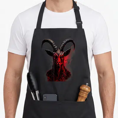 Tablier de cuisine noir avec illustration d'une tête de bouc aux yeux rouges et cornes noires stylisées.