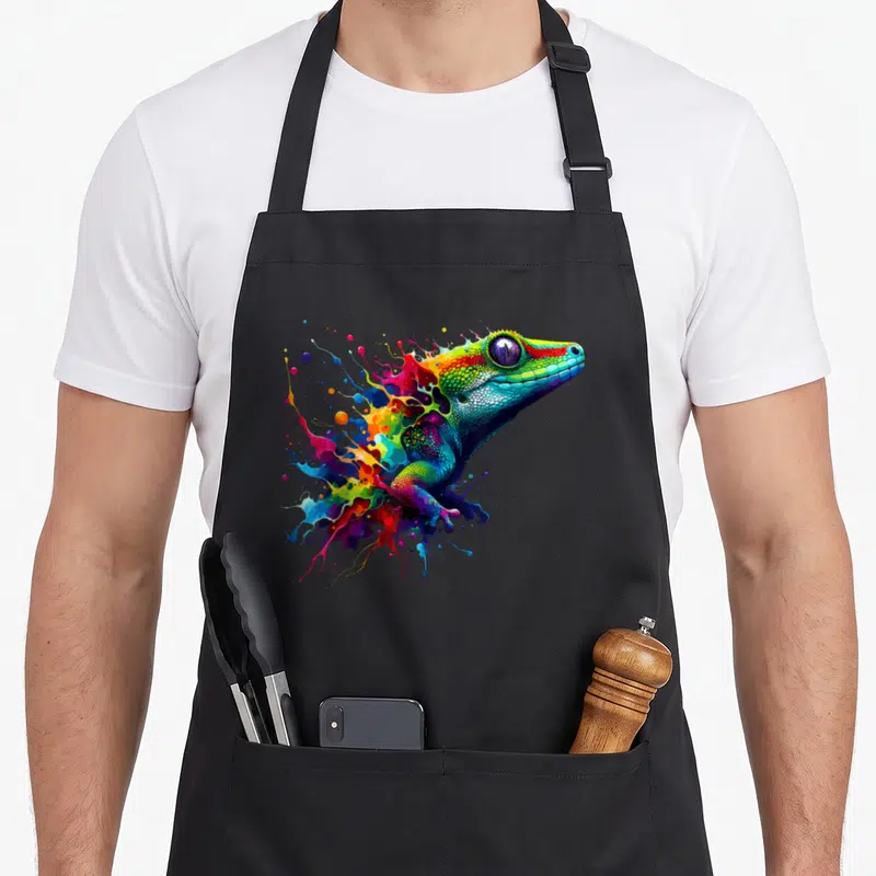 Tablier de cuisine noir avec illustration colorée d'un lézard en style splash art aux éclaboussures multicolores.