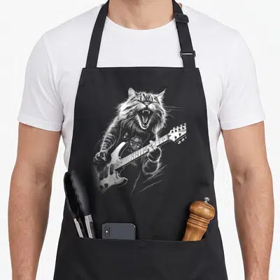 Tablier de cuisine noir avec illustration d'un chat rugissant jouant d'une guitare électrique blanche.