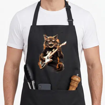 Tablier de cuisine noir avec illustration d'un chat rockeur jouant d'une guitare électrique blanche et portant des lunettes noires.
