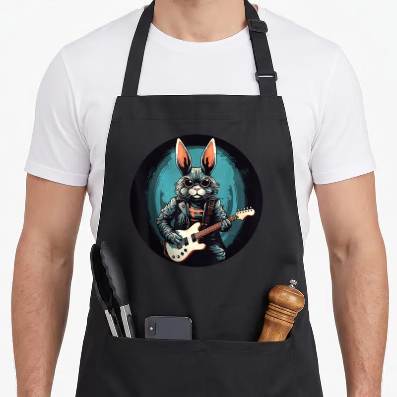 Tablier de cuisine noir avec illustration d'un lapin rock portant des lunettes et tenant une guitare électrique.