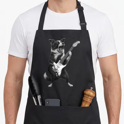 Tablier de cuisine noir avec illustration d'un Border Collie debout jouant d'une guitare électrique noire et blanche.