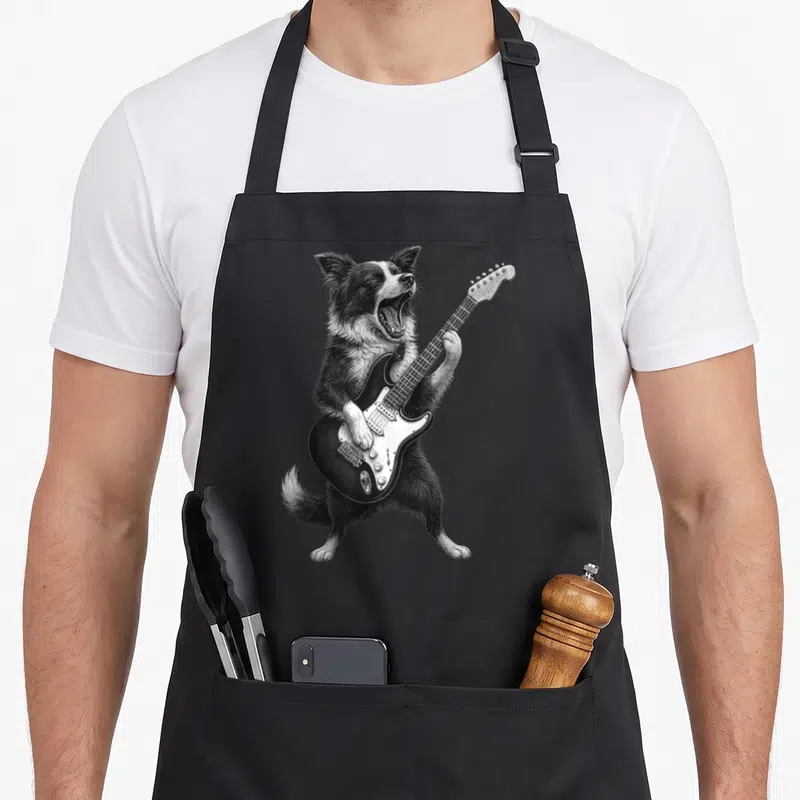 Tablier de cuisine noir avec illustration d'un Border Collie debout jouant d'une guitare électrique noire et blanche.