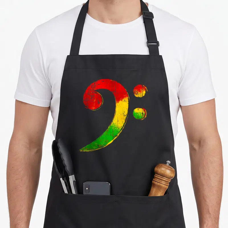 Tablier de cuisine noir avec une grande clé de fa aux couleurs rouge jaune et vert à l'aspect vieilli.