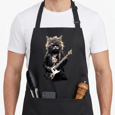 Tablier de cuisine noir avec un chat rockeur jouant d'une guitare électrique en veste de cuir.