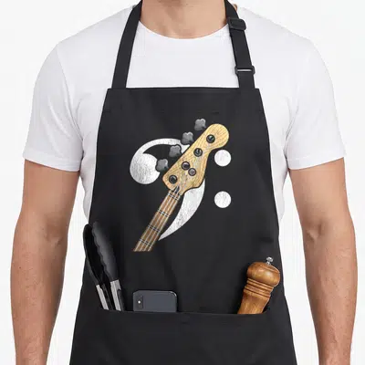 Tablier de cuisine noir avec un bass clef blanc et une tête de guitare basse en bois clair.