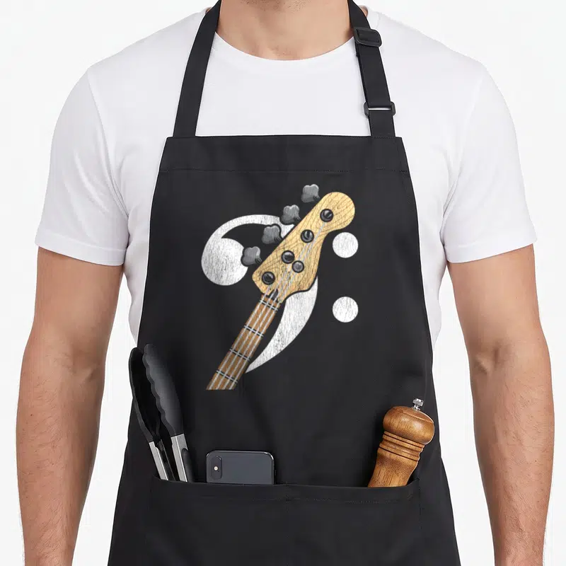 Tablier de cuisine noir avec un bass clef blanc et une tête de guitare basse en bois clair.