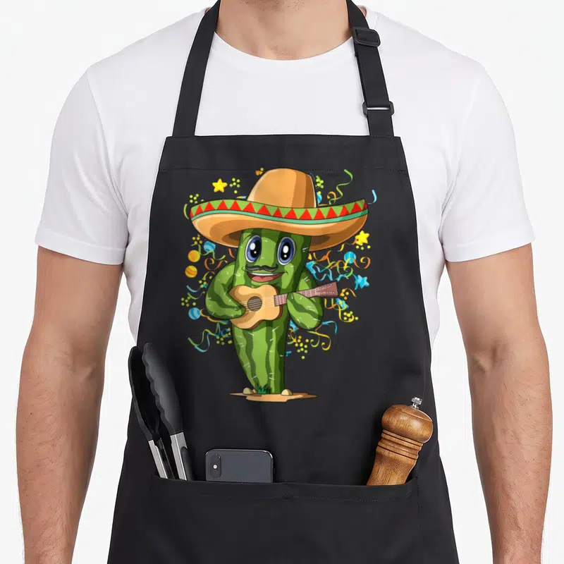 Tablier de cuisine noir avec un cactus vert en sombrero jouant d'une guitare acoustique entouré de confettis colorés.