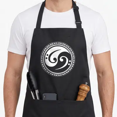 Tablier de cuisine noir avec un motif circulaire blanc représentant un Yin Yang stylisé en clé de sol de basse.