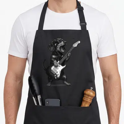 Tablier de cuisine noir avec illustration d'un teckel debout jouant d'une guitare électrique noire et blanche.
