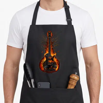 Tablier de cuisine noir avec illustration guitare électrique enflammée entourée de crânes et de branches sèches.