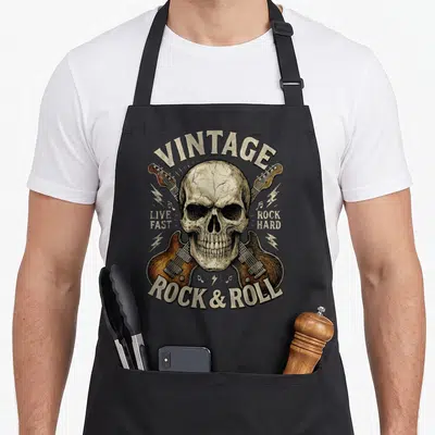 Tablier de cuisine noir avec illustration vintage d'un crâne entouré de quatre guitares électriques et du texte Rock & Roll.