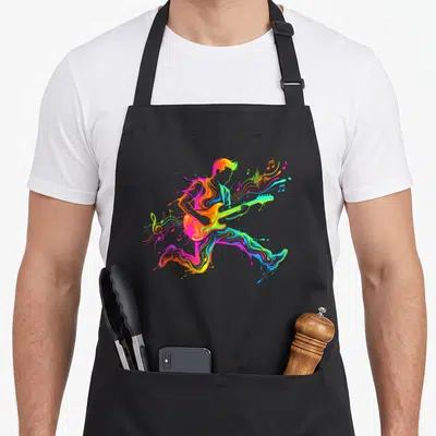Tablier de cuisine noir avec une illustration colorée d'un musicien jouant de la guitare électrique en traits fluides et volants.