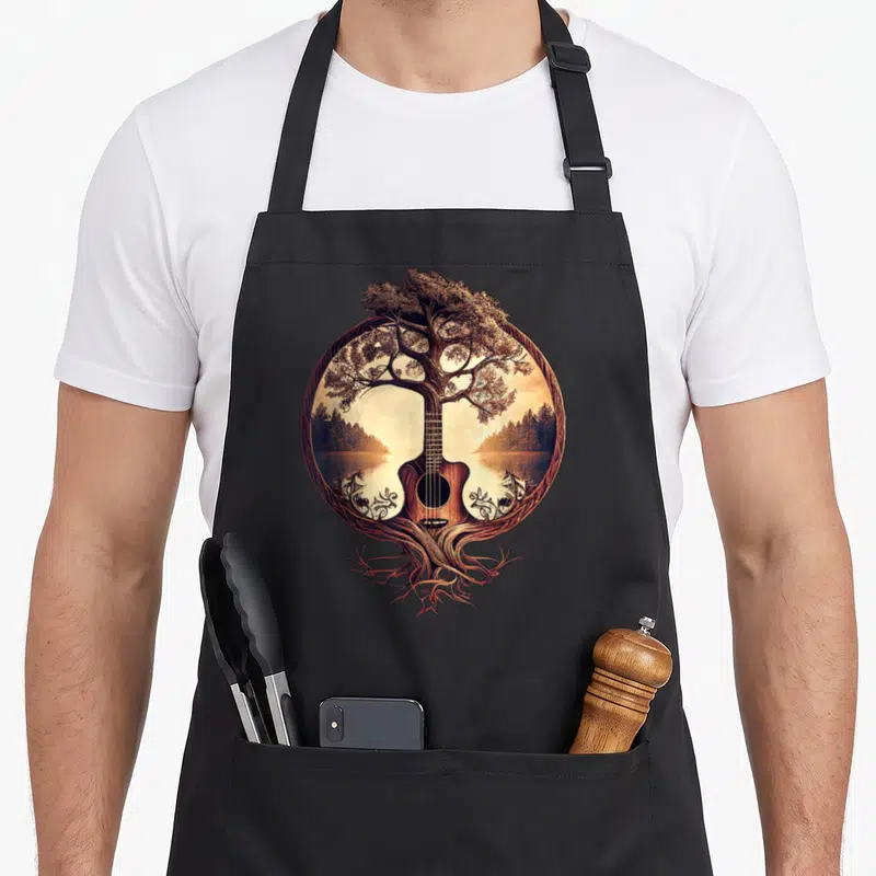 Tablier de cuisine noir avec illustration d'une guitare acoustique fusionnée à un grand arbre au bord d'un lac.