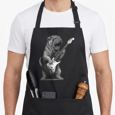 Tablier de cuisine noir avec illustration d'un chien Shar Pei debout jouant d'une guitare électrique style rock.