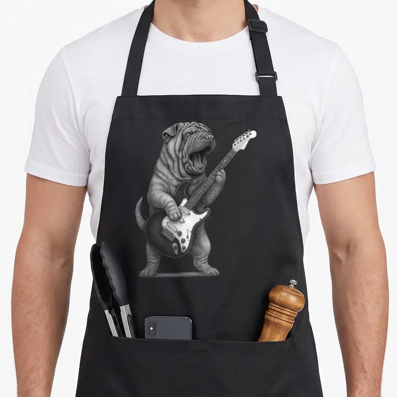 Tablier de cuisine noir avec illustration d'un chien Shar Pei debout jouant d'une guitare électrique style rock.