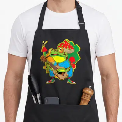 Tablier de cuisine noir avec une grenouille verte jouant de la guitare sur des champignons rouges dans un style graphique coloré.