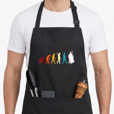 Tablier de cuisine noir avec silhouette évolutive colorée se transformant en joueur de contrebasse blanche.