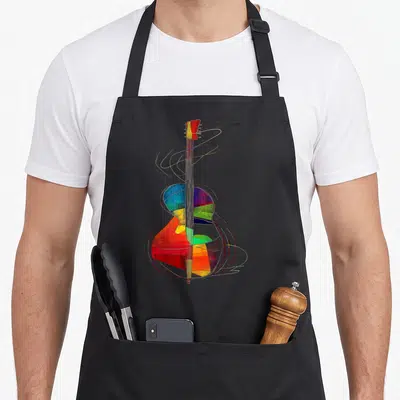 Tablier de cuisine noir avec une guitare abstraite aux couleurs vives et des lignes ondulantes autour du corps de l'instrument.
