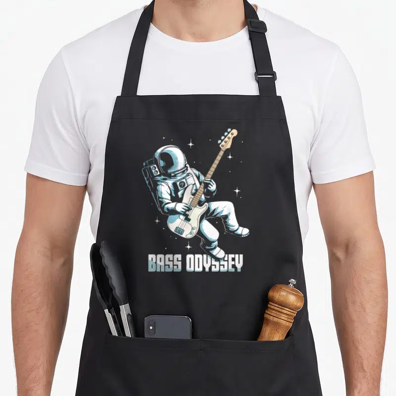 Tablier de cuisine noir avec illustration d'un astronaute jouant de la basse et le texte Bass Odyssey en bas.