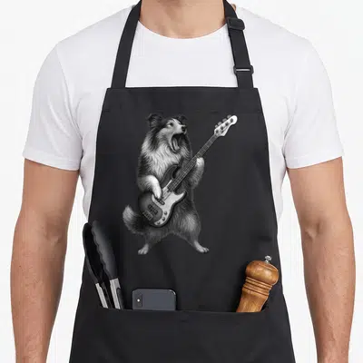 Tablier de cuisine noir avec illustration d'un chien de berger Shetland jouant d'une basse électrique en position rockeur.