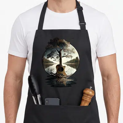 Tablier de cuisine noir avec illustration circulaire d'une guitare transformée en arbre au bord d'un lac.
