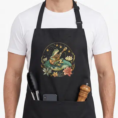 Tablier de cuisine noir avec illustration d'une grenouille jouant d'un instrument de musique sur une feuille de lotus.