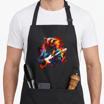 Tablier de cuisine noir avec ours jouant d'une guitare électrique multicolore