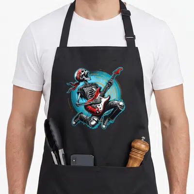 Tablier de cuisine noir avec un squelette rock jouant d'une guitare électrique rouge et bleue.