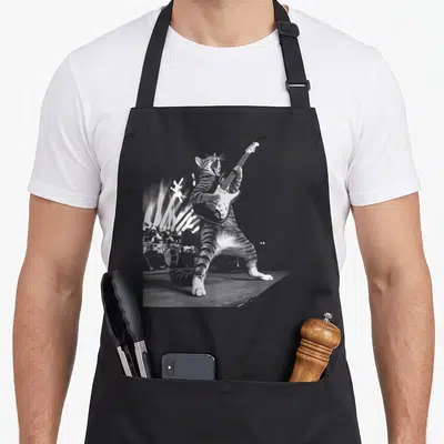Tablier de cuisine noir avec un chat tigré jouant de la guitare électrique sur une scène de concert en noir et blanc.