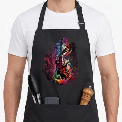 Tablier de cuisine noir avec illustration de guitare électrique aux couleurs vives et motifs abstraits fluides.