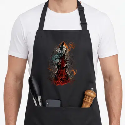 Tablier de cuisine noir avec illustration d'une guitare électrique rouge entourée de flammes et de volutes artistiques.