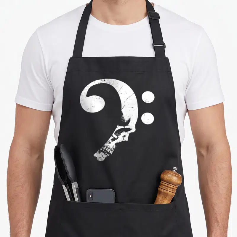 Tablier de cuisine noir avec une illustration blanche représentant une clé de basse stylisée en forme de crâne humain.