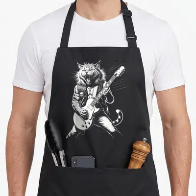 Tablier de cuisine noir avec illustration blanche d'un chat rocker jouant de la guitare électrique et portant une veste à clous.