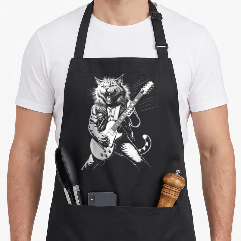 Tablier de cuisine noir avec illustration blanche d'un chat rocker jouant de la guitare électrique et portant une veste à clous.