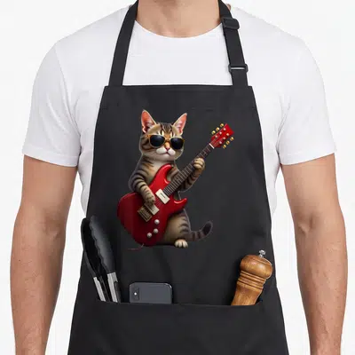 Tablier de cuisine noir avec illustration d'un chat tigré jouant d'une guitare électrique rouge et portant des lunettes de soleil.