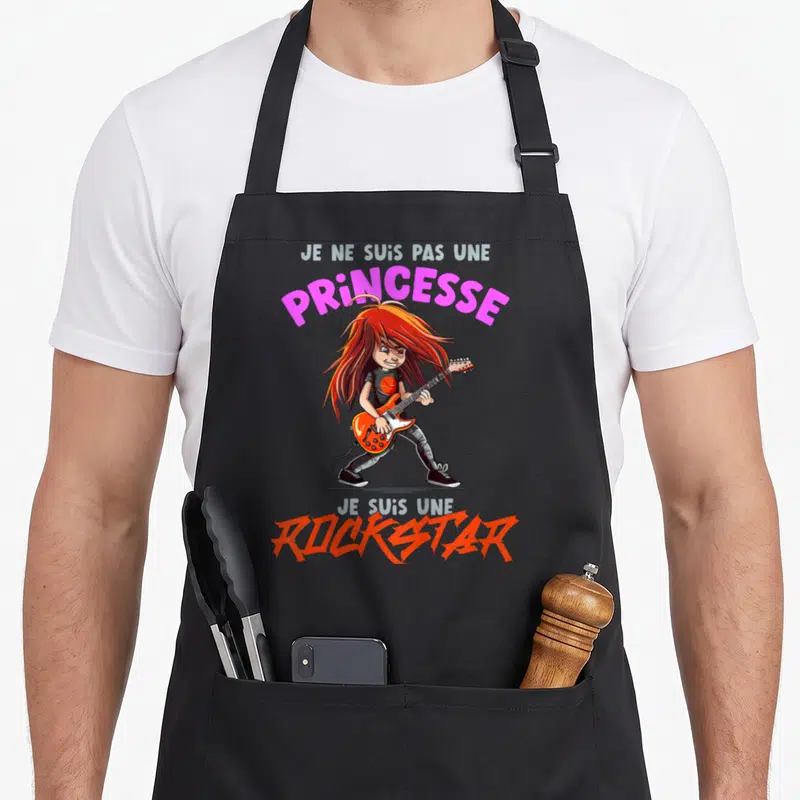 Tablier de cuisine noir avec illustration rock et texte Je ne suis pas une princesse Je suis une rockstar