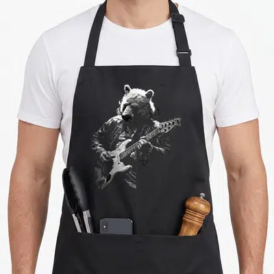 Tablier de cuisine noir avec illustration d'un ours jouant de la guitare basse en style graphique.