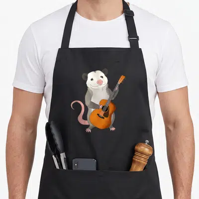 Tablier de cuisine noir avec illustration d'un opossum tenant une guitare acoustique orange.