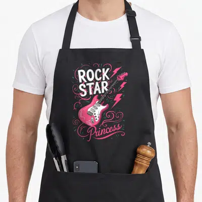 Tablier de cuisine noir avec illustration de guitare électrique rose et texte Rock Star Princess
