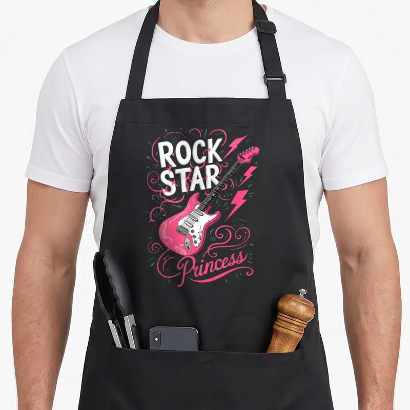 Tablier de cuisine noir avec illustration de guitare électrique rose et texte Rock Star Princess