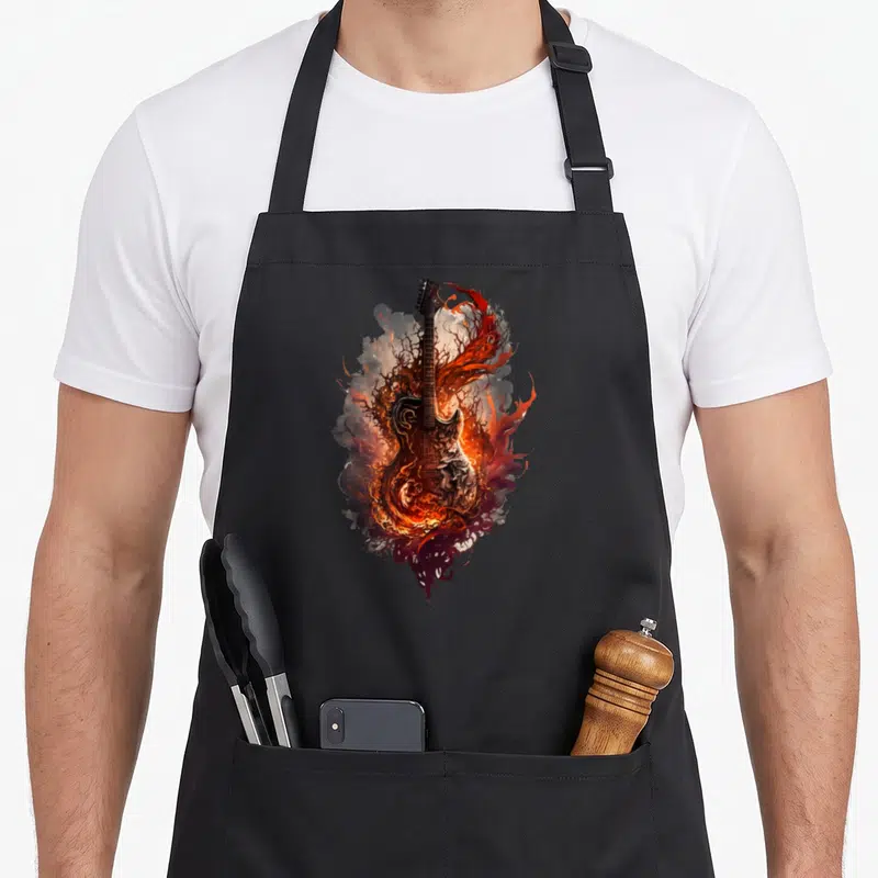 Tablier de cuisine noir avec une guitare électrique enflammée et un crâne intégré au design tempête de flamme.