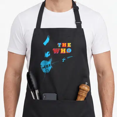Tablier de cuisine noir avec une guitare électrique bleue et le texte The Who en lettres multicolores 3D.