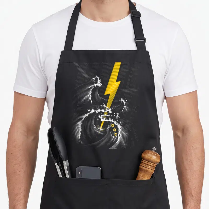 Tablier de cuisine noir avec illustration d'une tempête de guitare électrique et d'un éclair jaune sur fond gris uni.
