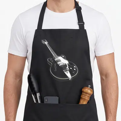 Tablier de cuisine noir avec une guitare électrique dessinée en blanc sur le devant