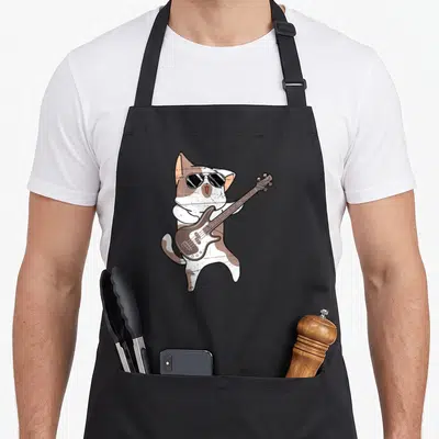 Tablier de cuisine noir avec illustration d'un chat aux lunettes noires tenant une basse électrique.