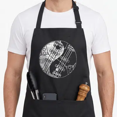 Tablier de cuisine noir avec motif circulaire blanc représentant un yin-yang composé de basses guitars détaillées.