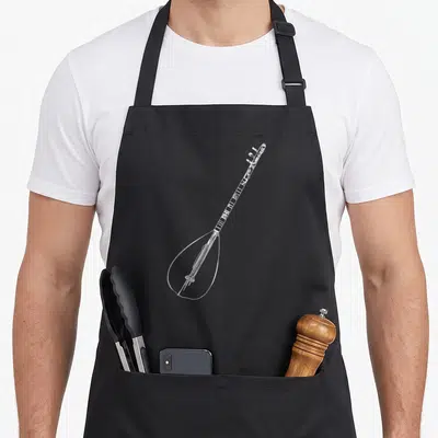 Tablier de cuisine noir avec dessin au trait blanc d'un Saz Baglama, instrument à cordes turc à long bras et corps en poire