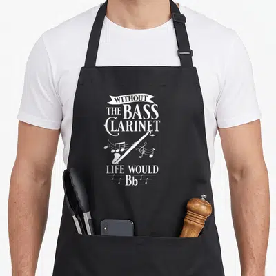 Tablier de cuisine noir avec illustration blanche d'une clarinette basse et texte sans col.