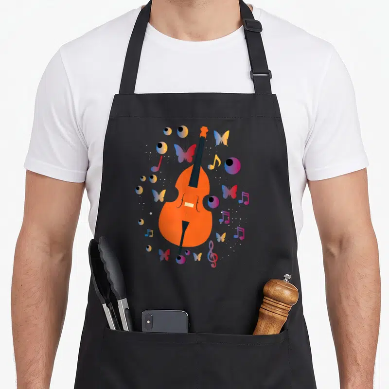 Tablier de cuisine noir avec contrebasse orange, papillons et notes de musique colorées.
